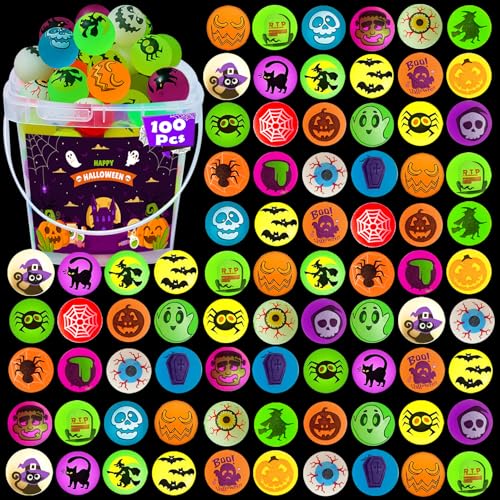 SUNPROUND 100Pcs Halloween Bouncy Balls, Mini Glow in The Dark Bouncing Balls Eyeballs for Halloween Party Favors,Goodie Bag Fillers, Trick or Treating, Classroom Game Prizes