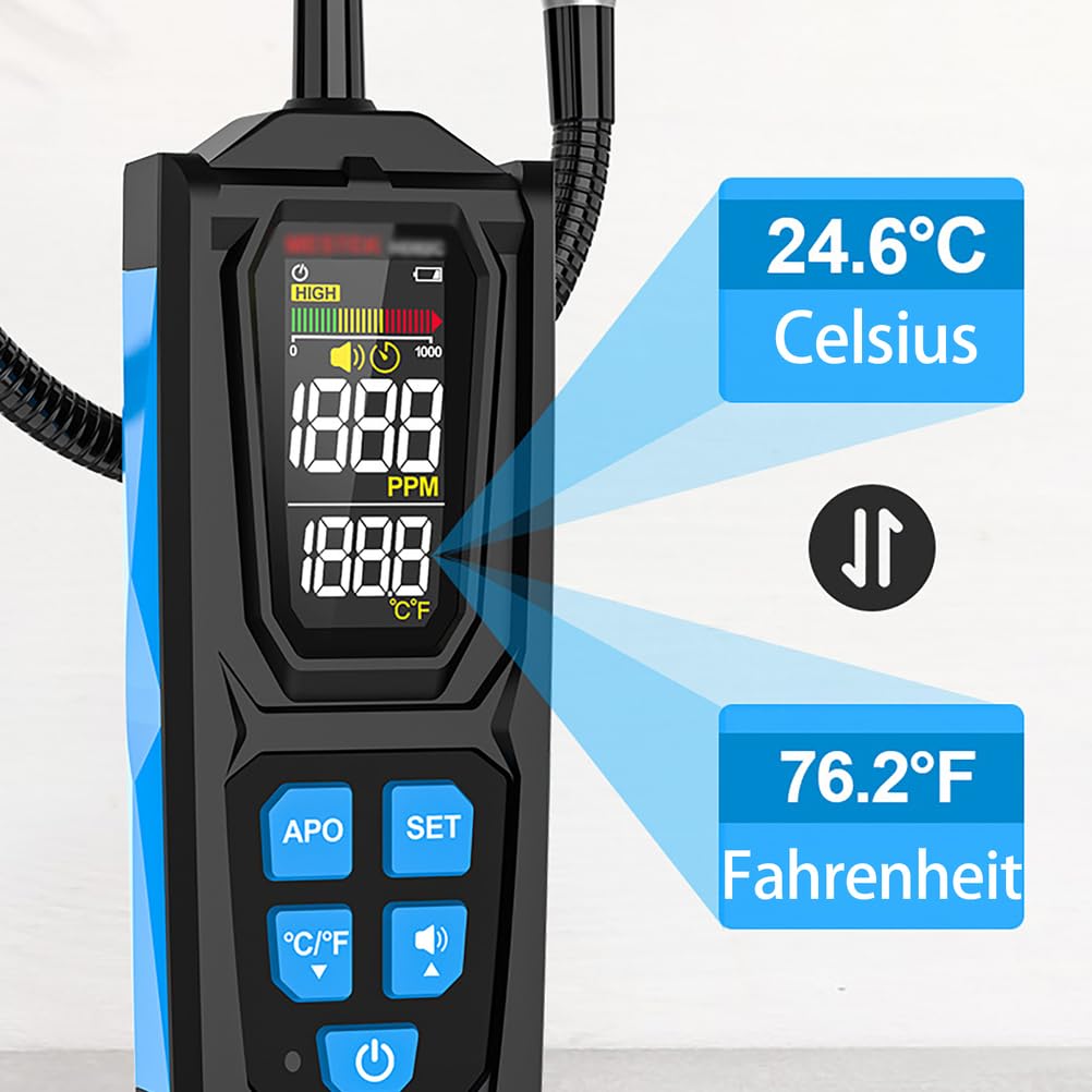 Detector de fugas de gas, analizador de gas de alta precisión, kit de detección de fugas automotrices con triple alarma (audible/visual/retroiluminación) y sonda flexible para el hogar y RV