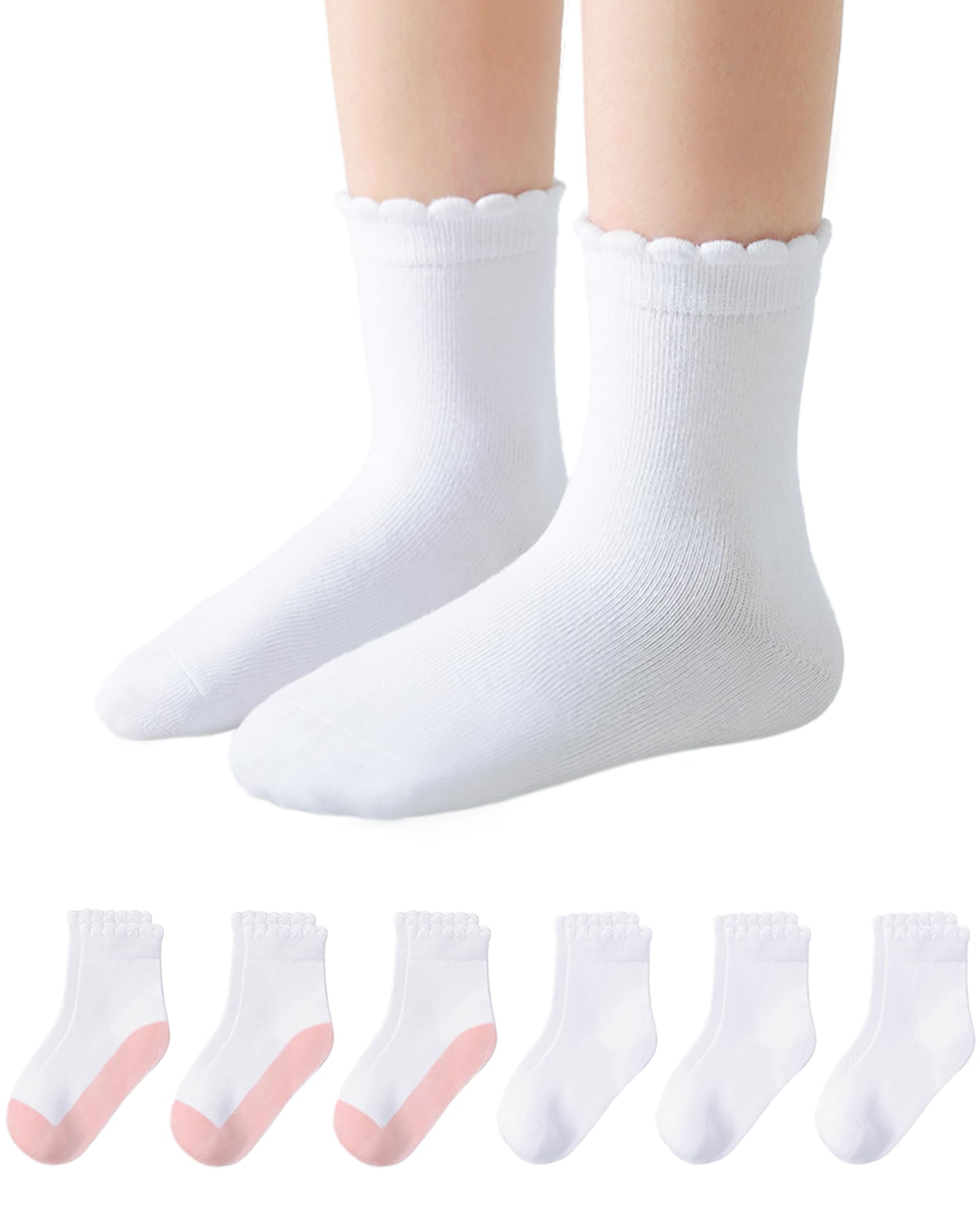 Girls Ruffle White Socks Dress Scallop Socks for Kids Crew Uniform Sock 4-10 Years