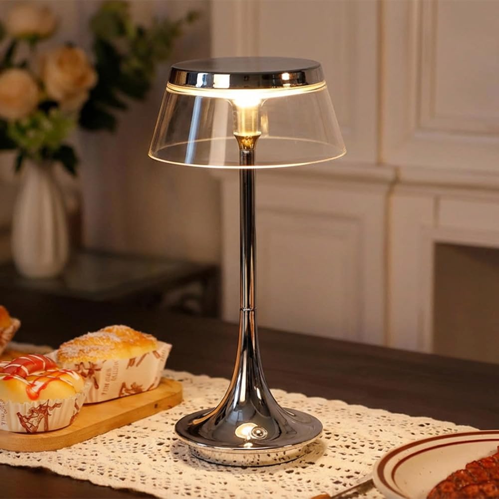 LED Tischlampe Pilz Kabellos Akku Pilzlampe Dimmbar Touch Control Tischleuchte USB Aufladbar Batteriebetrieben Pilzlampe Innen und Außen Tragbare Mushroom Lampe Chrom Nachttischlampe,Silber