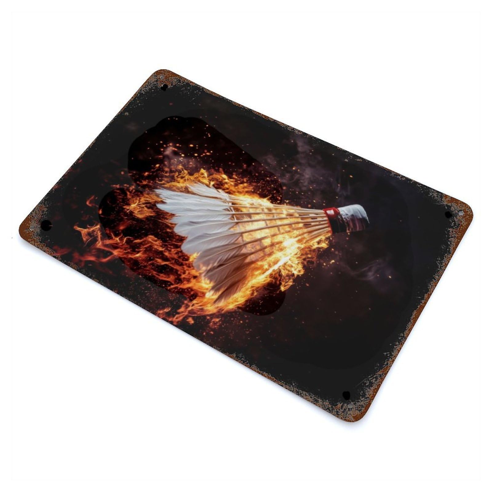 Flaming Badminton Shuttlecock Aged Metal Wall Plaque 11.8"x7.9", Farmhouse Wall Decor for Patio, Garden Room And Bar Decor