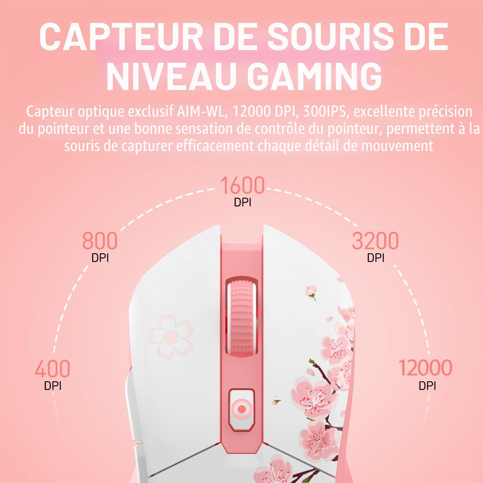 DAREU Sakura Souris sans Fil Rose avec Station de Chargement Rechargeable RGB, 12K DPI, 7 Boutons Programmables, Capteur Haute Précision 300IPS 1000Hz Souris Gamer pour PC Notebook Mac- Rose et Blanc
