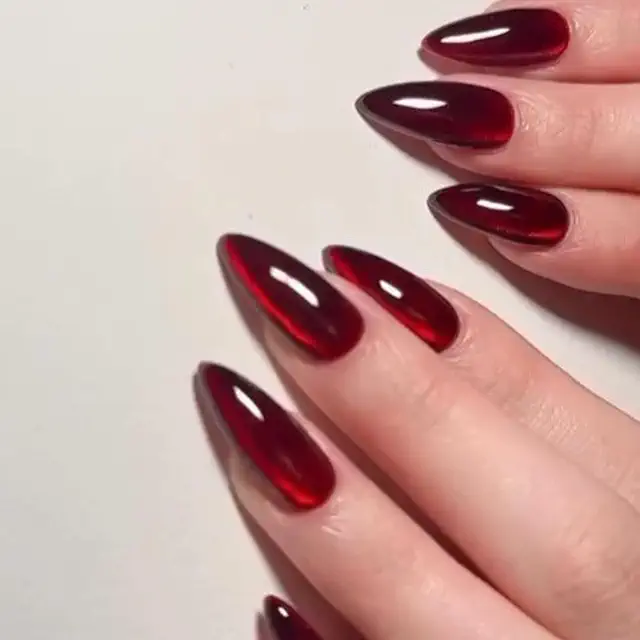 Red Press On Nails - 30pcs Cat Eye Burgundy Almond Stiletto French Tip