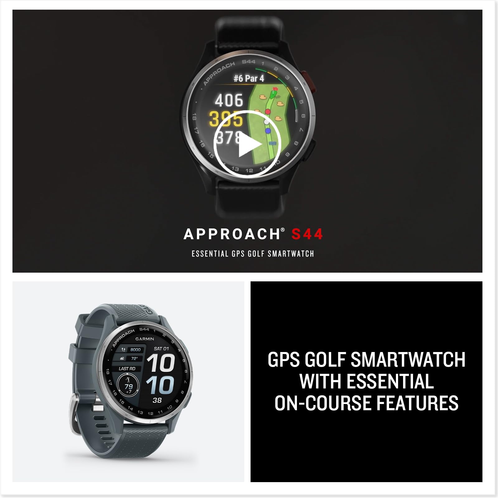 Garmin Approach® S44, Essential Golf GPS Smartwatch, AMOLED Display, On-Course Features, Silver Aluminum Bezel with Black Silicone Band
