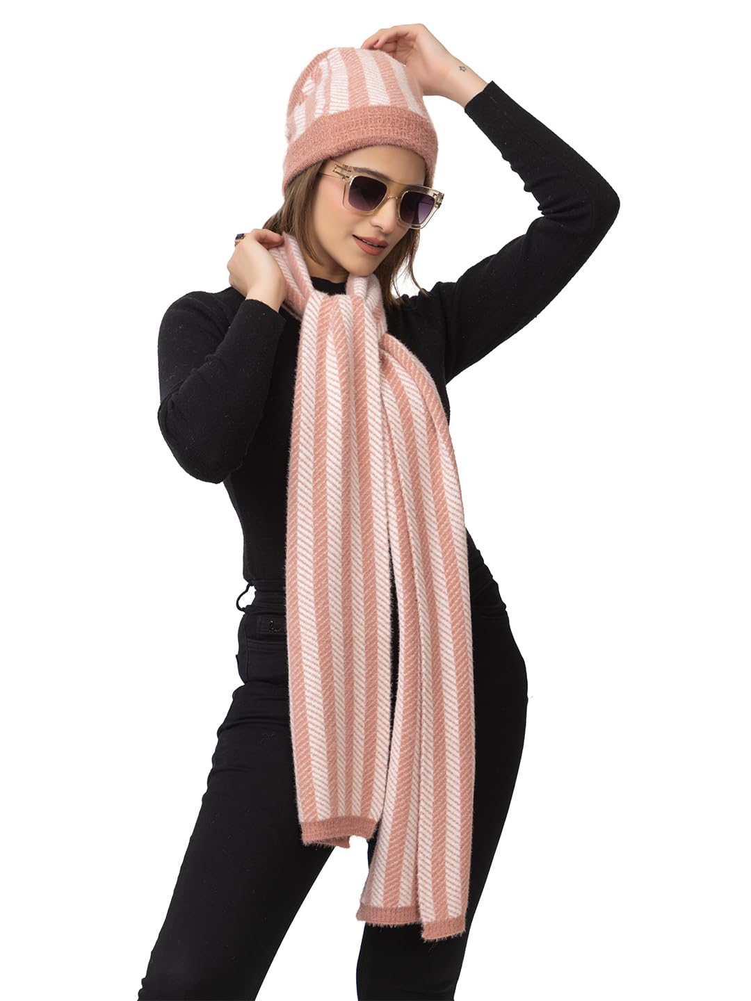 Winter Knitted Scarf and Beanie Cap with Fur Combo for Women | Woolen Soft and Warm Beanie Fleece Hat and Muffler Set for Cold Weather