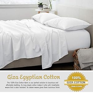100% Certified Giza Egyptian Cotton Sheets-Twin Size Giza Cotton Sheet Set, Dorm Room Essentials with 16 Inches Twin Deep Deep Pocket Fitted Sheet (White Solid)