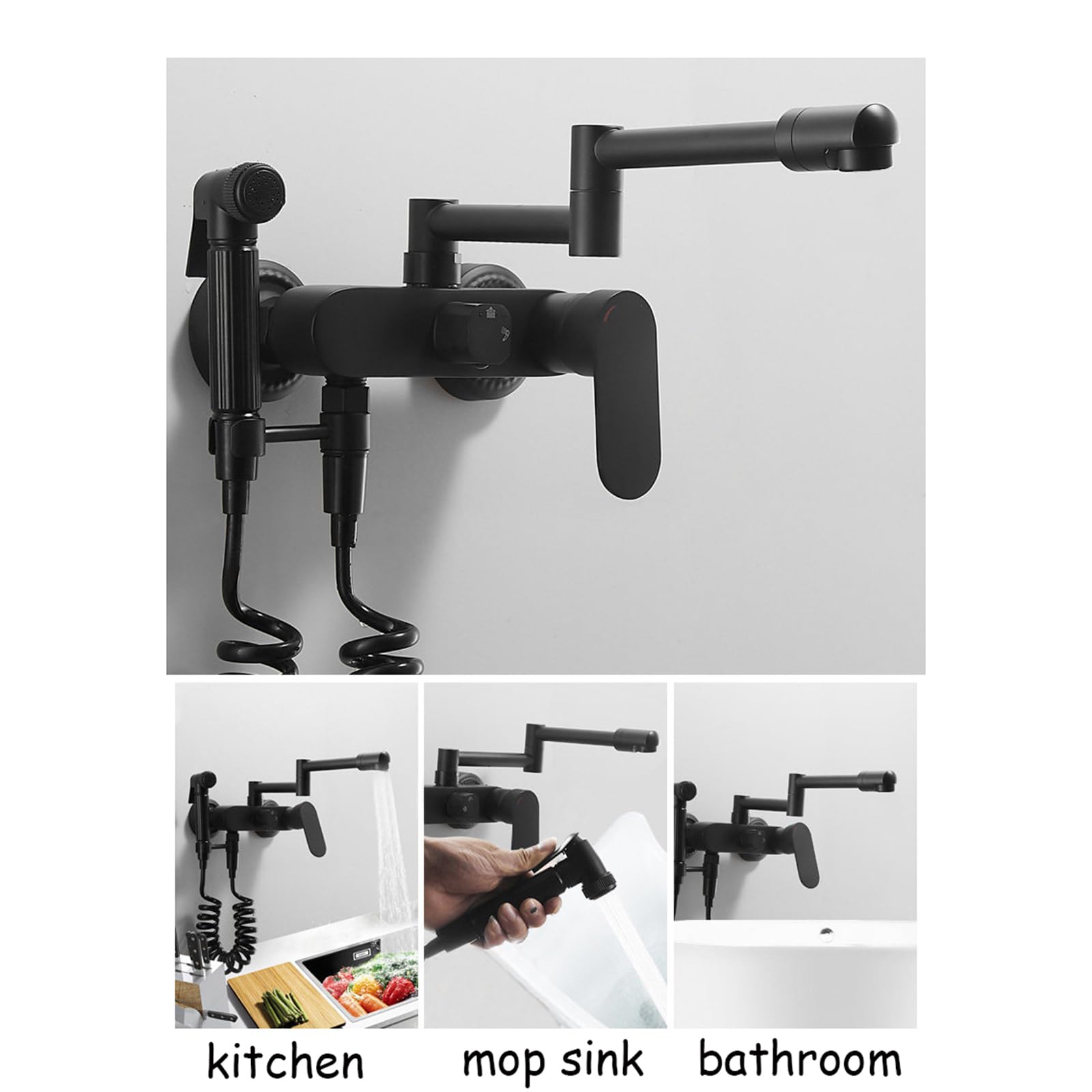 Grifo De Baño Montado En La Pared Grifo Lavadora Doble Salida Plegable Agua Fría Y Caliente Doble Orificio,Negro