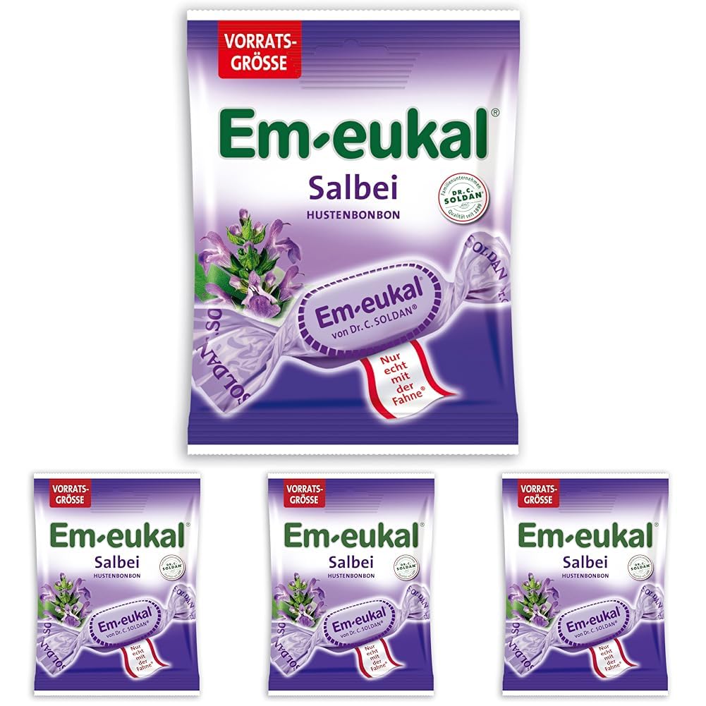 Em-eukal Salbei Hustenbonbon zuckerhaltig Großbeutel 150g – Aromatisch und kräuterig-frisch mit feinem Salbeiextrakt und hochwertigen ätherischen Ölen – Mit Vitamin C (1 x 150g) (Packung mit 4)