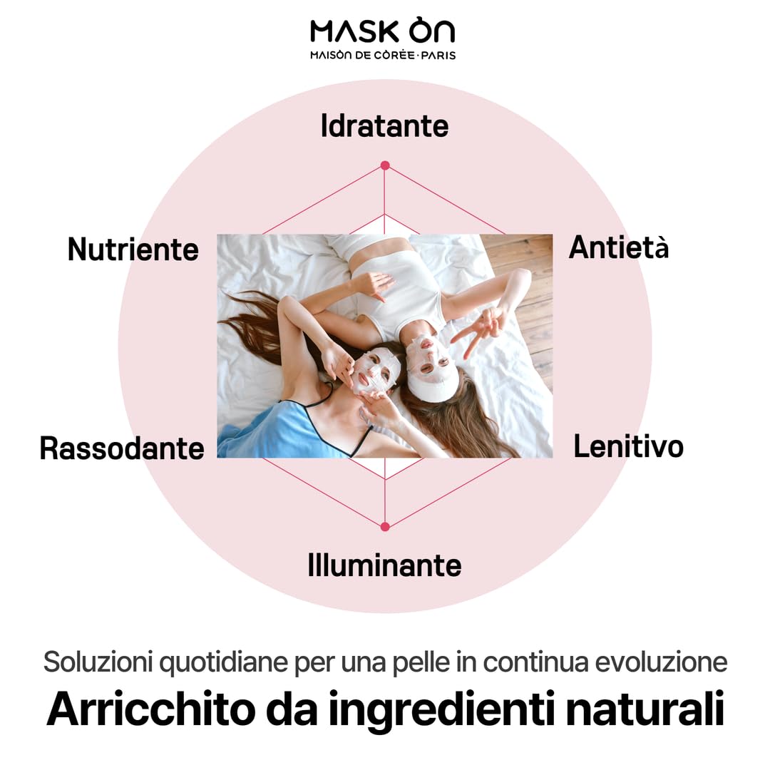 [MASK ON] Maschera viso coreana (20 PACK) - Idratante, Antietà, Lenitivo, Illuminante, Rassodante, Nutriente- Routine completa con ingredienti naturali