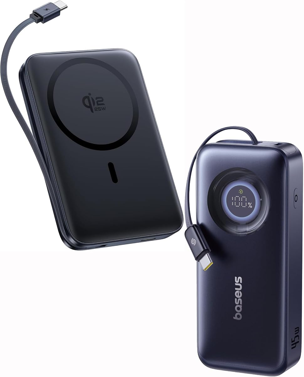 Baseus Picogo Qi2.2 25W Magsafe Cargador portátil Power Bank 10000mAh 45W Paquete con Enercore Power Bank, 10000mAh Cargador portátil de carga rápida Cable USB-C retráctil incorporado de 45W