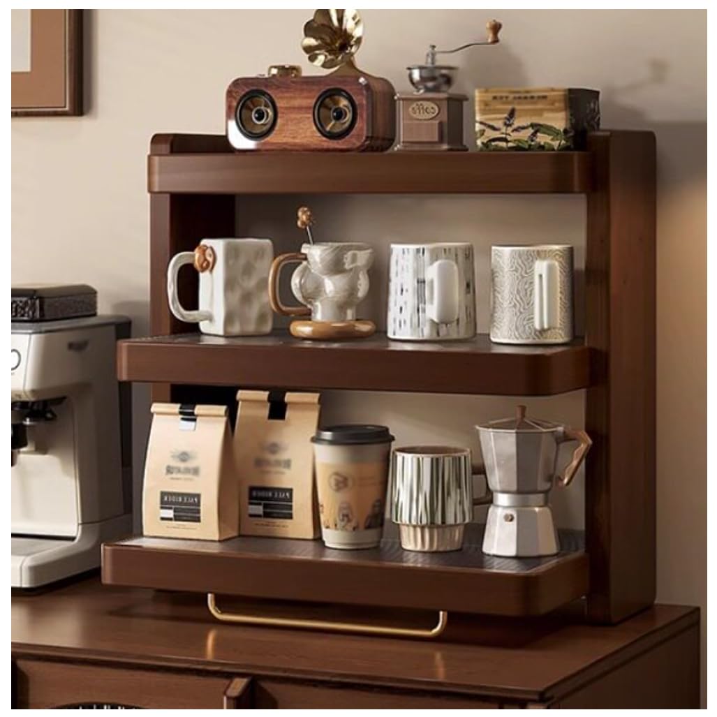 QDZC 3-Tier Acrylic Wood Coffee Mug Display Rack Wooden Cup Holder Countertop Kitchen Storage Shelf Spice Jar Organizer for Home Office Coffee Station Bar 42cm