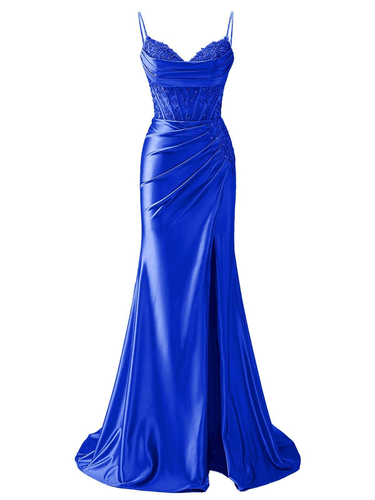 Hppee Women's Royal Blue Prom Dresses For With Slit Lace Applique Satin Formal Party Gown V Neck Corset Evening Dress Uk12