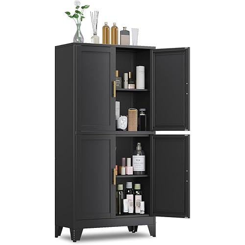 47.25" Metal Storage Cabinet, Black Kitchen Food Storage with 4 Door and 2 Adjustable Shelves, Freestanding Bathroom Cabinet, Pantry for Kitchen Dinning Room, Cupboard