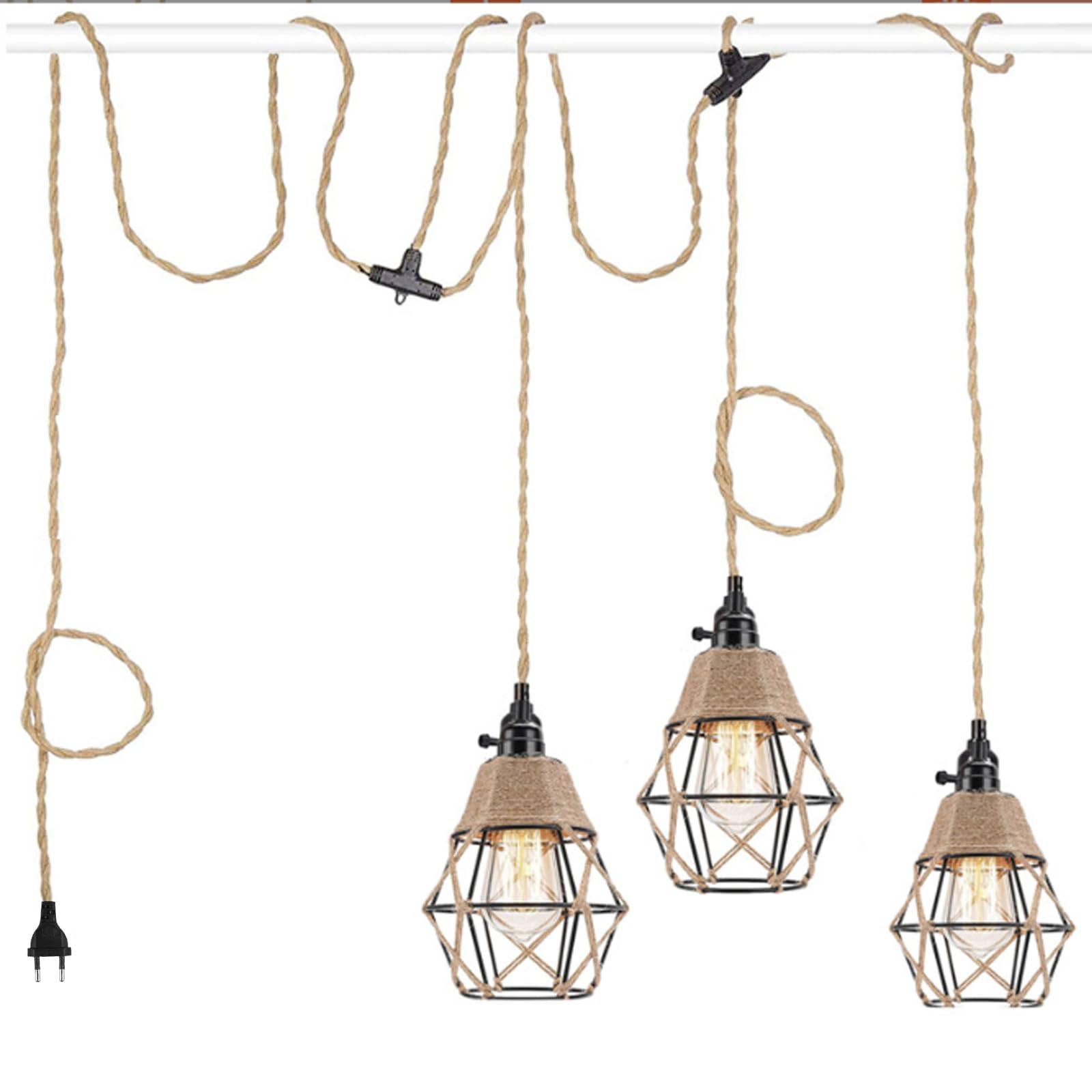 GreenSun Lustre Corde De Chanvre Câble Vintage 6.8m, Douille E27 Interrupteur Avec Fil Cable