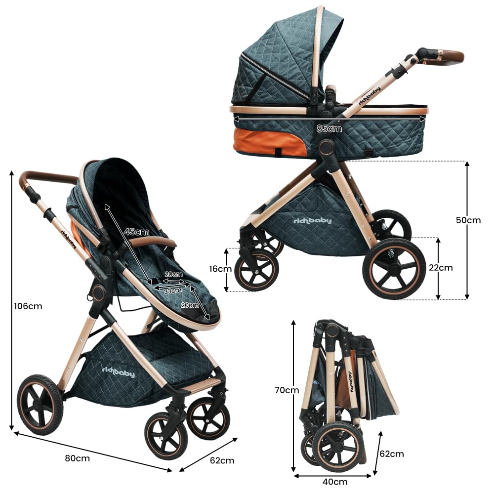 Passeggino combinato 2 in 1 con culla rimovibile, sospensioni All-Terrain, pieghevole con una sola mano, manubrio regolabile in altezza, ampio vano portaoggetti, sedile reversibile, per neonati fino a