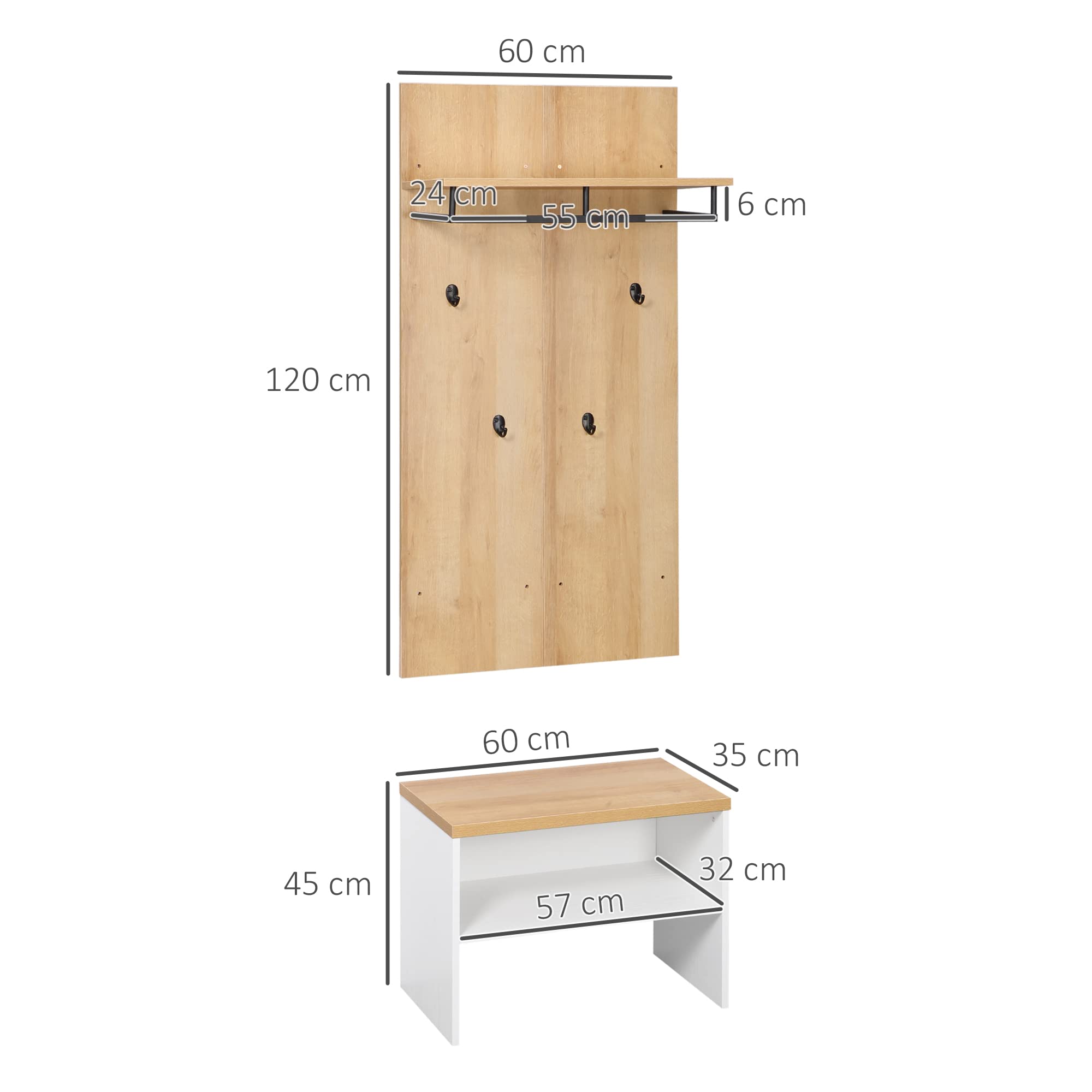 HOMCOM Mobile da Ingresso con Scarpiera Bassa, Panca e Appendiabiti da 4 Ganci, Appendiabiti da Ingresso in Truciolato e Acciaio, 60x28x120 cm