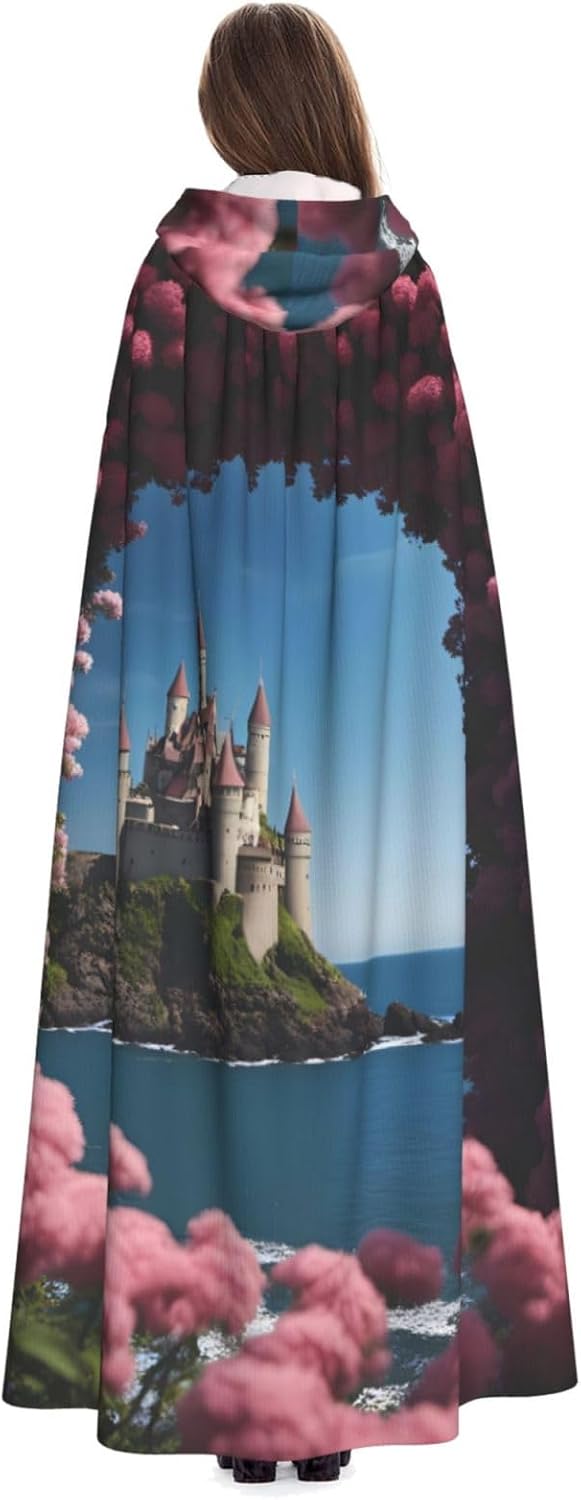 Unisex Full Length Hooded Halloween Christmas Party Robe Cloak Cape Cosplay Costume Men Women Beautiful Island with Flowers Prints Black