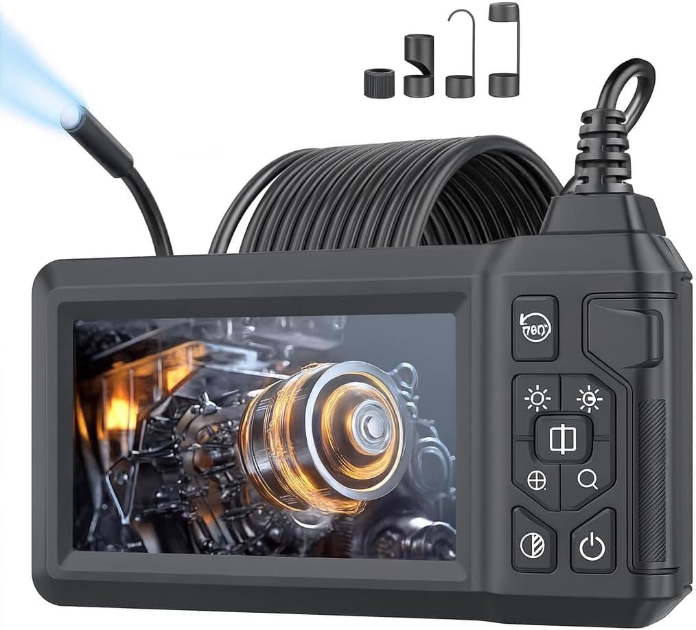 Cámara endoscópica de 16 pies con luz, cámara de boroscopio de inspección con pantalla IPS de 4.3 pulgadas, endoscopio HD 1080P, alcance de calibre de cable semirrígido de 16 pies, endoscopio