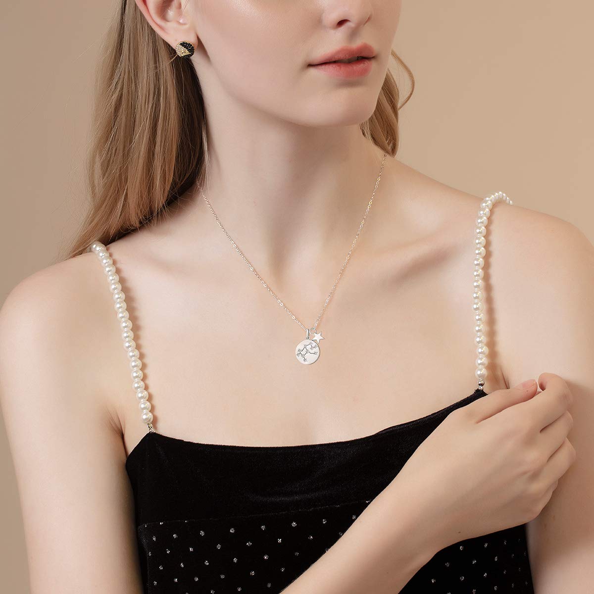 FANCIME Collar con Colgante de Signos del Zodiaco Constelaciones Horoscopo Collar para Mujer de Plata de Ley 925 Chapada Oro Blanco y Circonita Cúbica - Longitud Cadena: 40 + 5 cm