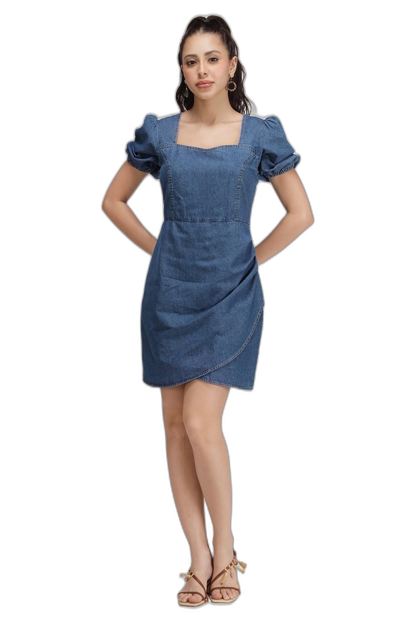virgio Women’s 100% Cotton Denim Pleated Mini Dress with Structured Silhouette and Sleeveless Design, Casual Western Outfit for Vacation Wear and Brunch Styling-picture-37
