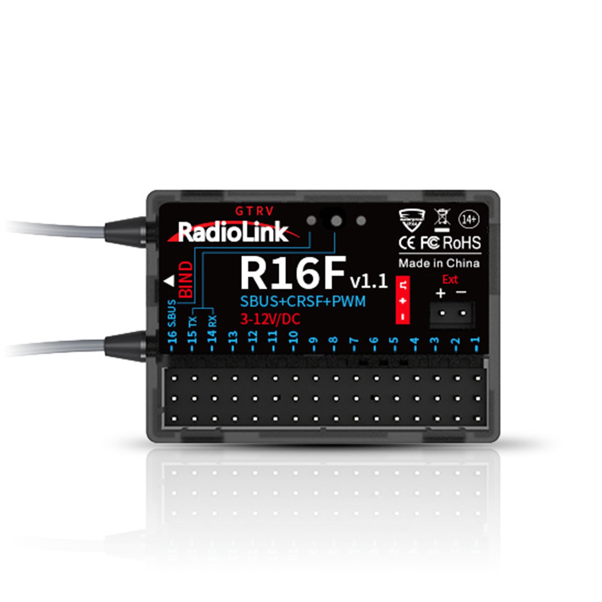 Radiolink R16F 16 Channels RC Receiver, Voltage Telemetry, for RC Car, Boat, Airplane ect., Works for 2.4Gh Radio Controller T16D/T12D/T8FB/T8S/RC8X/RC6GS V3/RC4GS V3
