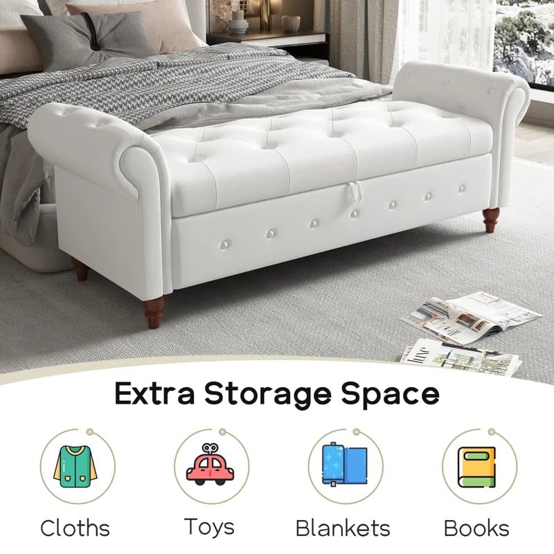 Image of LEGACY OF COMFORT F4 Velvet Upholstered Storage Bench Sofa Bench Sofa couches Rolled Arm Window Bench Ottoman Bench 2 Seater Sofa Chaise Lounger or Living Room Bedroom Office (White Velvet)