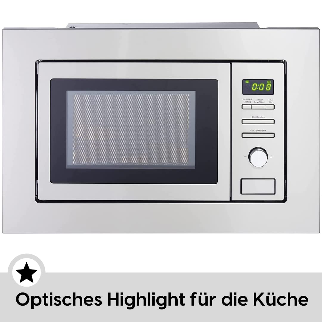 PKM MW820-EBM Einbau-Mikrowelle 800W 20L 5 Leistungsstufen 8 Garprogramme Auftaufunktion Metall-Gehäuse Silber
