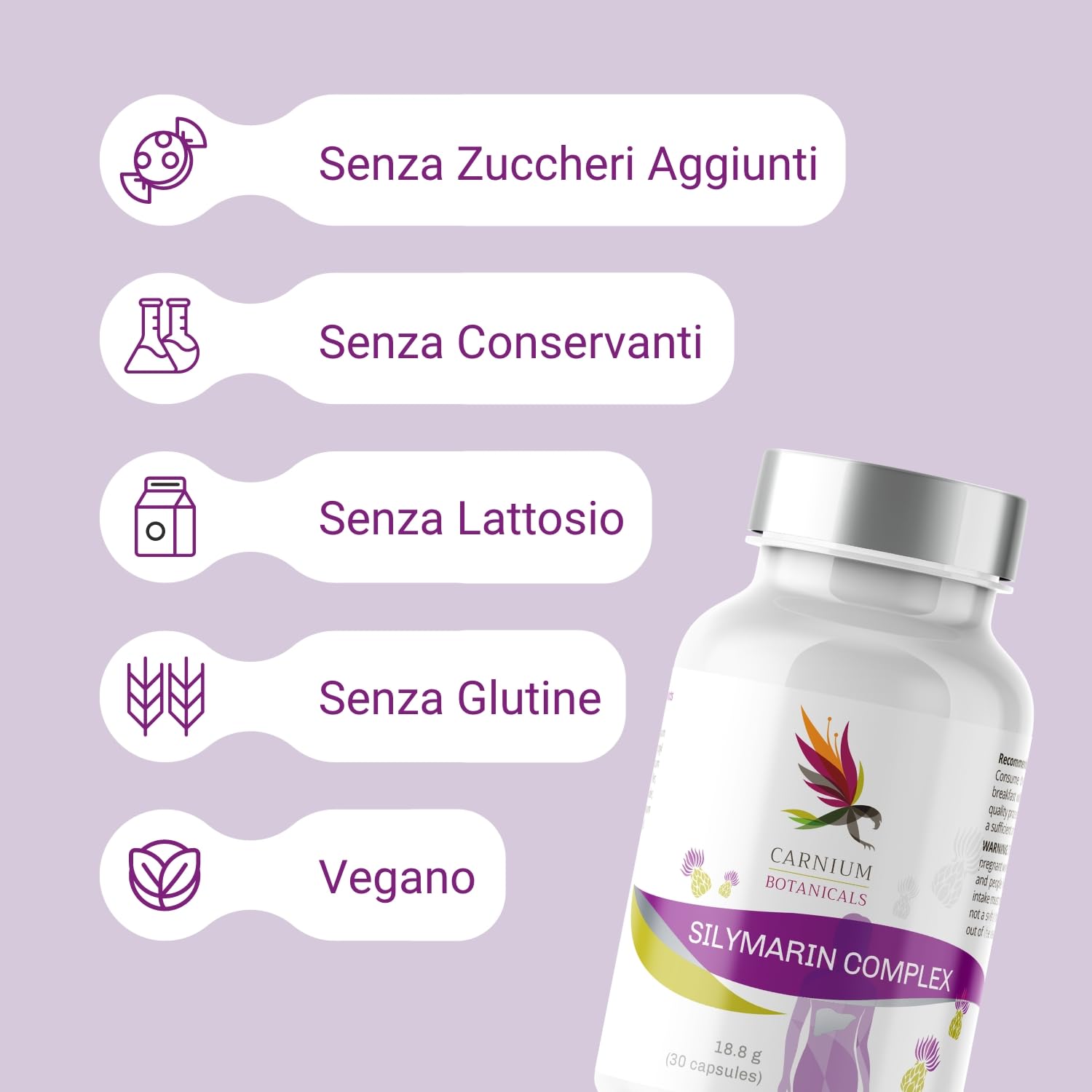 Carnium Botanicals Silymarin Complex – Capsule con Cardo Mariano, Tarassaco e Carciofo – Estratto Naturale con Silimarina – Formula Vegetale Senza Glutine – 30 Capsule