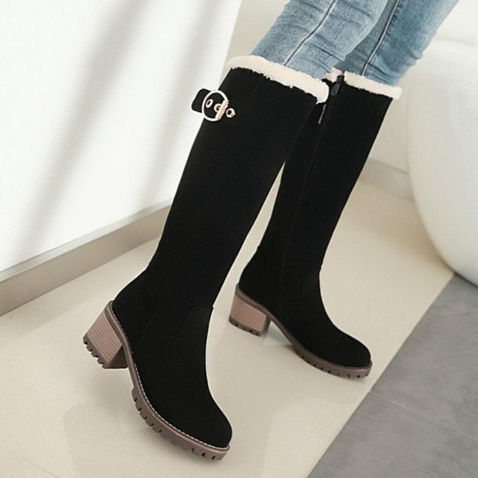 Bottes d'hiver Femme, Bottes Mustang Hautes Vintage Bottes de Neige Fourrée Chaude Escarpins Talon Moyen Tendance Chaussures Outdoor Bottes d'équitation