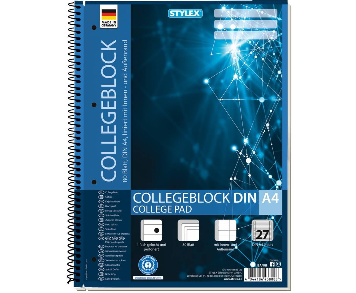 Stylex 43888-P30 - Collegeblock liniert, 30 Stück in DIN A4, je 80 Blatt mit 60 g/m² mit Spiralbindung
