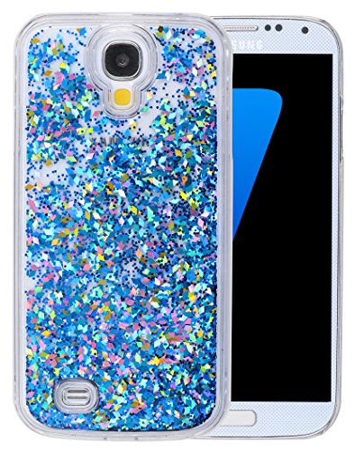S4 Case,Liquid Quicksand Bling Waterfall Case for galaxy S4 , Adorable flowing Floating Moving Shine Glitter Glitters Hard Case for Samsung S4 Bling Blue