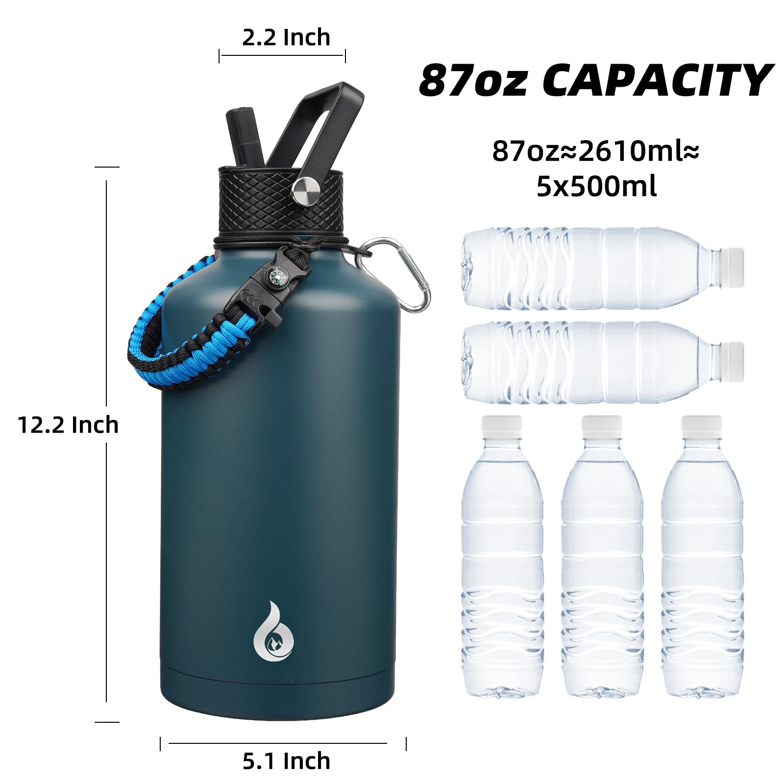 BJPKPK Botella de agua de 0,7 l con tapa de paja, 1,4 l, 1,8 l, 2466,4 g, 3,7 l, botella de agua grande de acero inoxidable con 3 tapas y mango de paracorde, jarra de metal al vacío