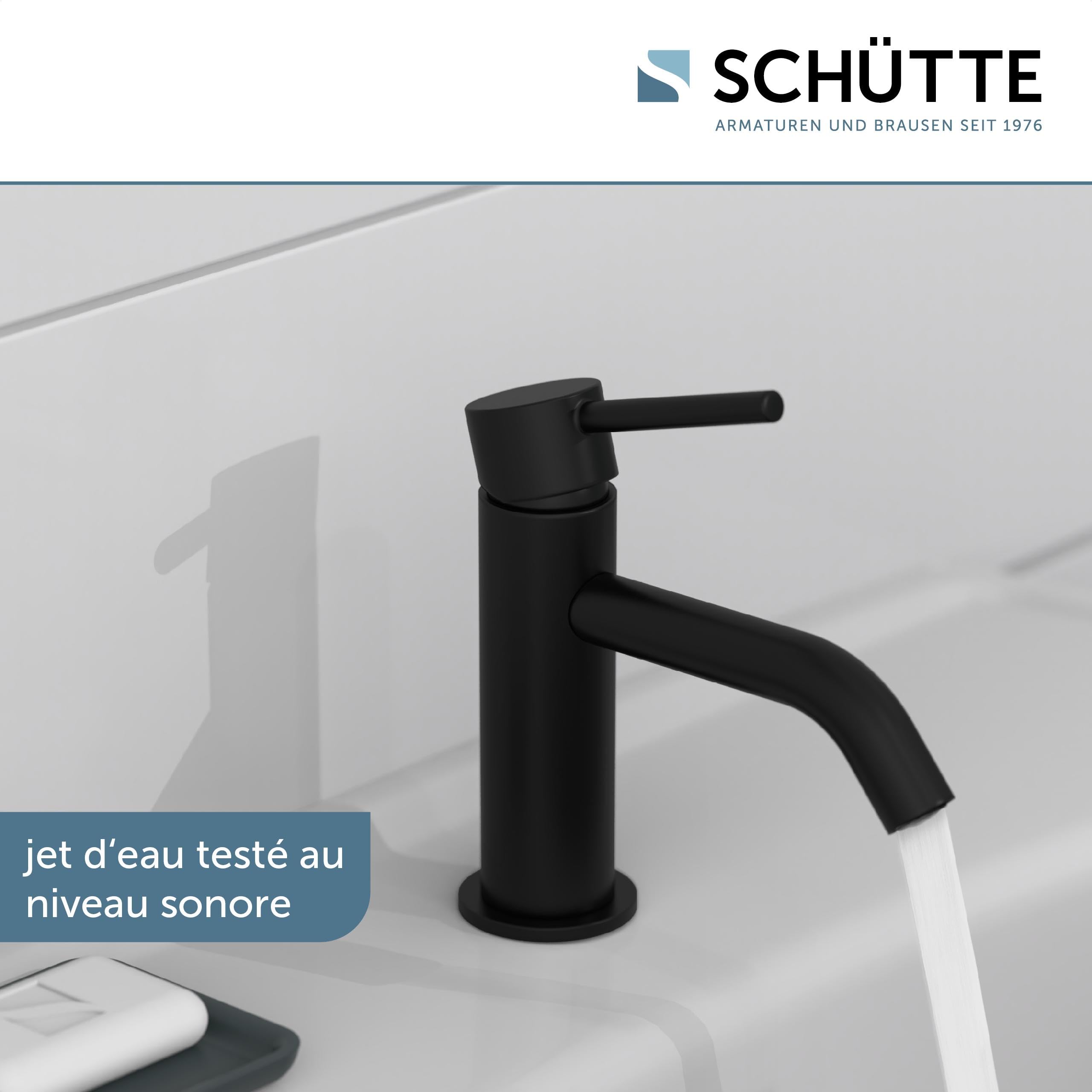 Schütte Aragon 37965 Robinet d'eau Froide Uniquement pour Eau Froide - Robinet de lavabo pour Toilettes d'invités - Robinet pour Petit lavabo - Robinet sur Pied - Noir