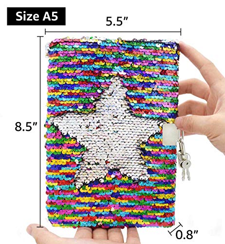 Vipbuy Magic Reversible Sequin Notebook Diary Lined Travel Journal With Lock And Key For Kids Girls, Size A5 (8.5" X 5.5"), 78 Sheets, Rainbow To Silver #TOP6