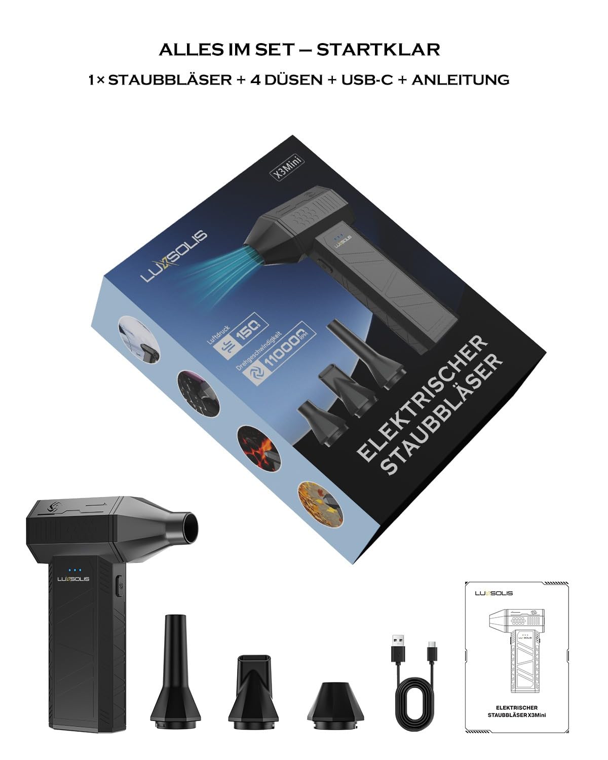 LUXSOLIS X3 Mini Turbo Fan Elektrischer Staubbläser Akku 110000 U/min 3 Stufen USB-C 4 Düsen