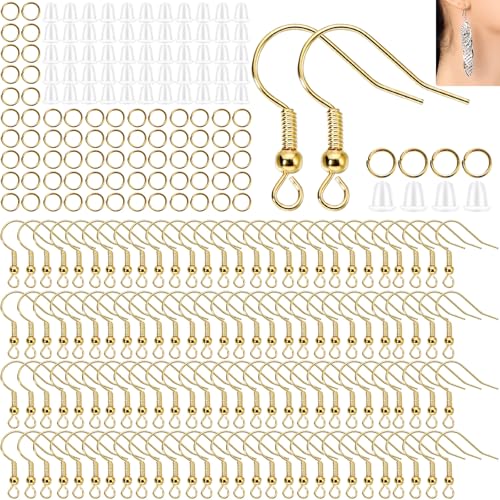 Hypoallergenic Earring Hooks Ear Wires Fish Hooks 600 Pcs Gold Earing Making Supplies Kit with Earring Backs and Jump Rings for DIY Jewelry Making (Gold)
