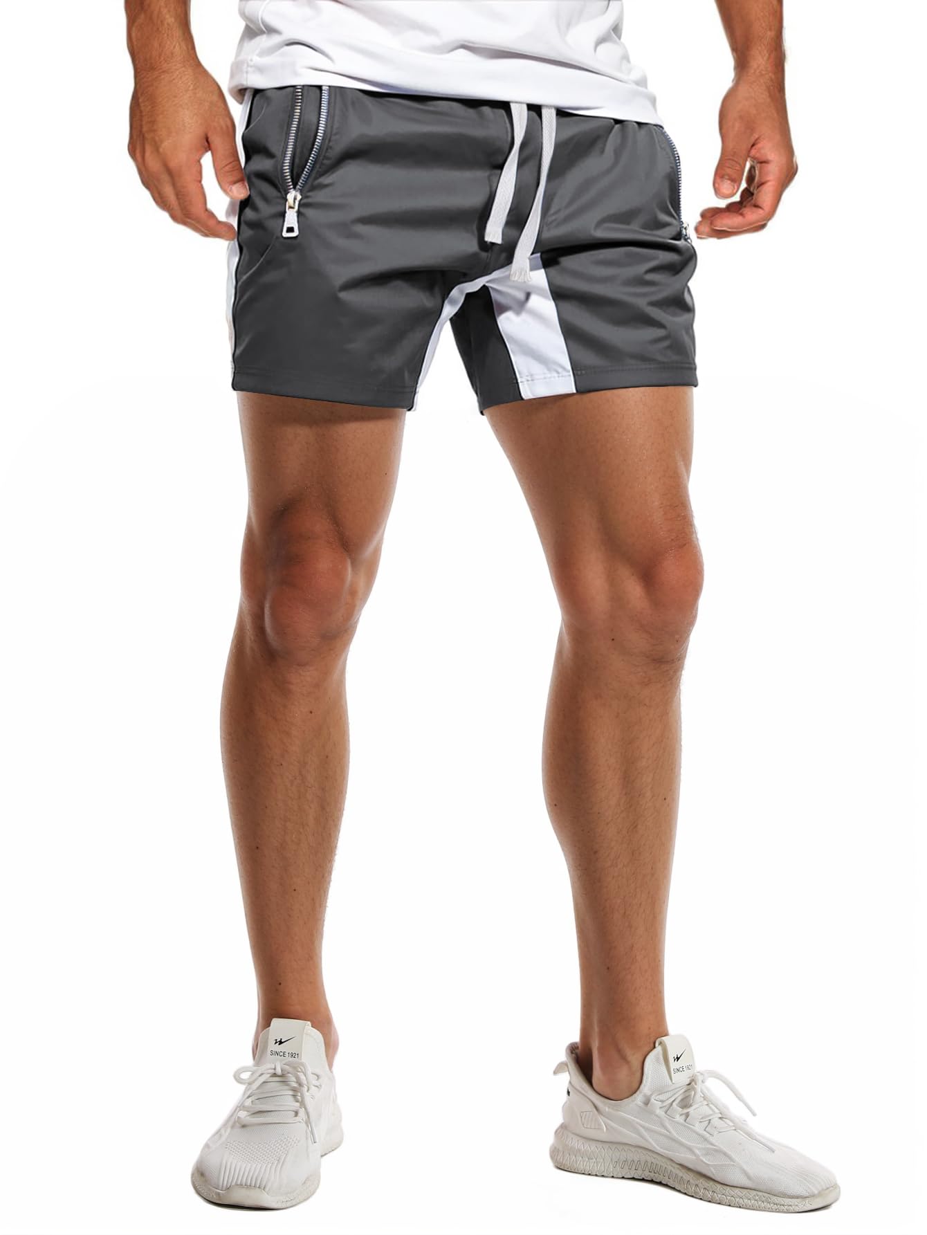 Mens Athletic Lightweight Shorts Quick-Drying Running Fitness Sport Shorts Zipper Pockets