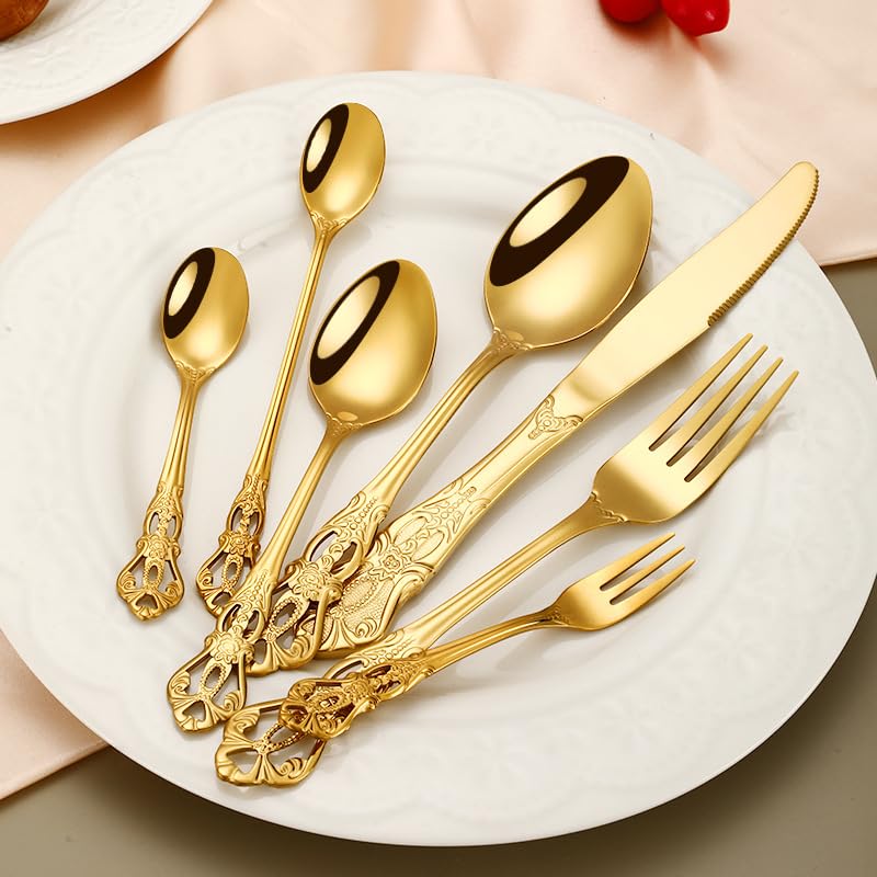 Posate in Argento, Set di Posate, Posate in Acciaio Inox da 7 Pezzi e Cucchiaio, Set di Posate per Bistecca, Posate per Bistecca per Ristorante dell'hotel,Gold-12Set