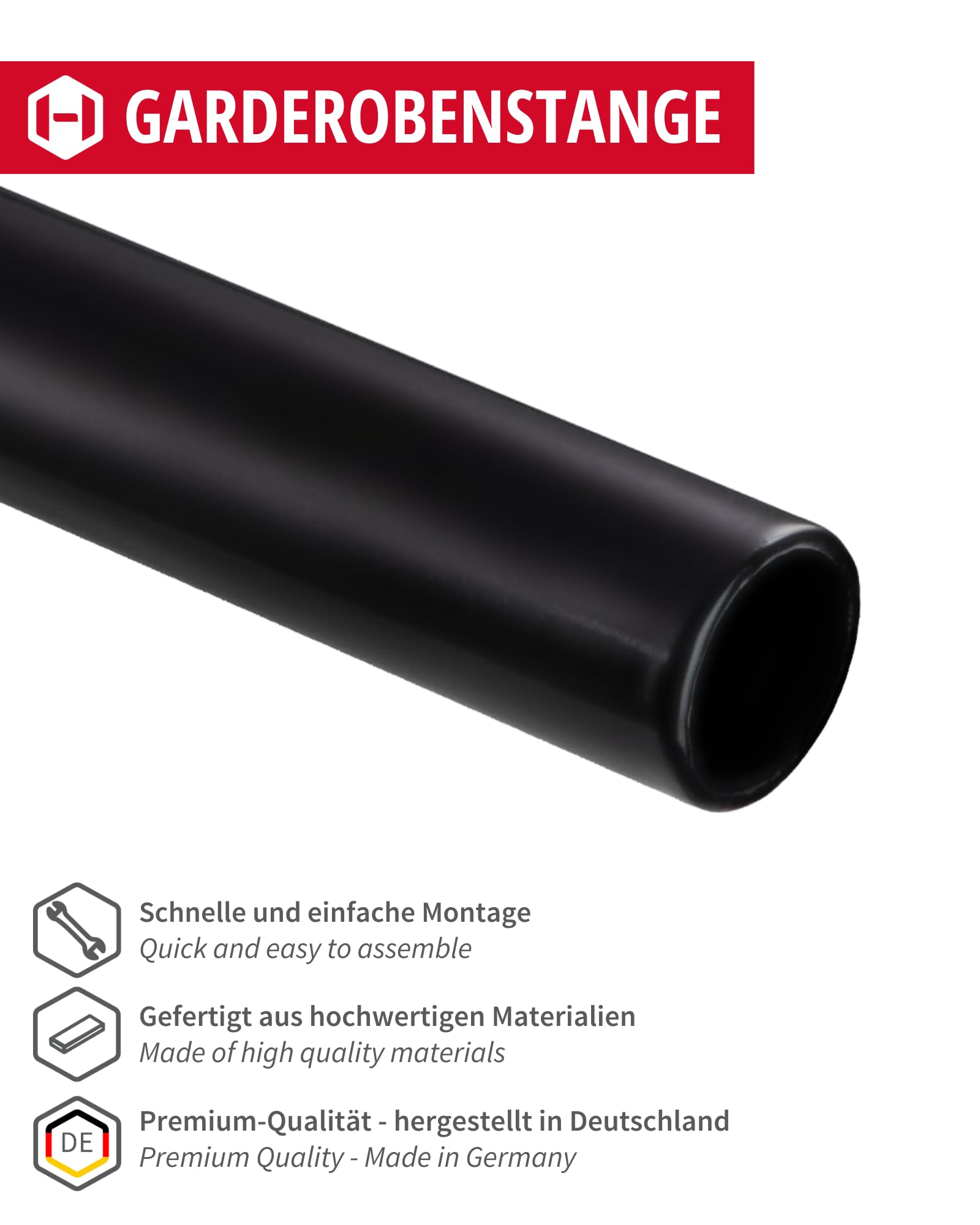 Gedotec Kleiderstange Wandmontage rund | 1 Set Garderobenstange mit 2 Stk Schrankrohrlager Schwarz matt | POLE | Möbelrohr Stahl 1000 mm Länge Ø 25mm - 60 kg Tragkraft | Kleiderstange Wand