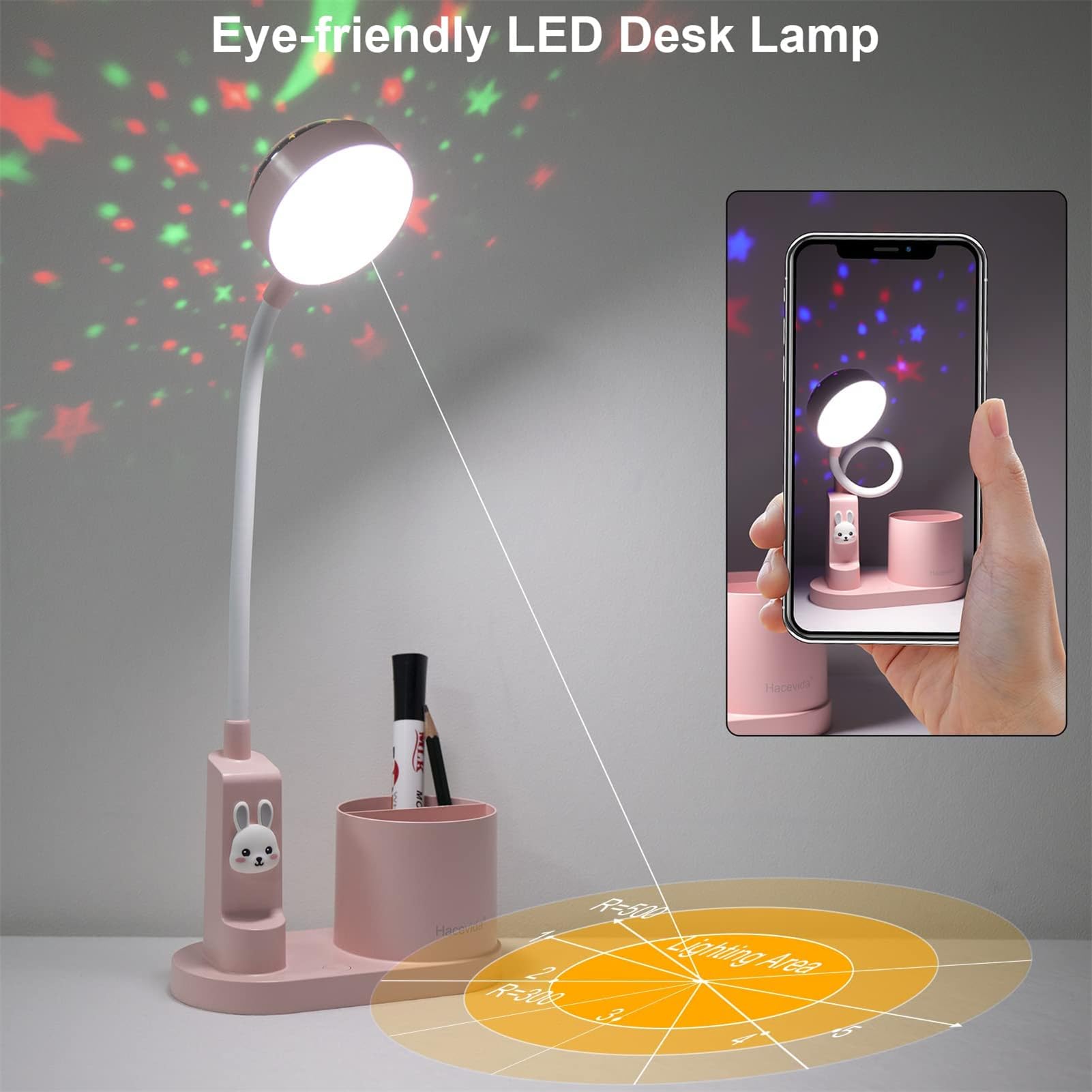 Lámpara de Escritorio LED, Flexo Infantil Niña 2000mAh Batería Recargable para Estudiar, Lámpara Escritorio Infantil USB 3 Niveles de Brillo, con Proyector de Estrellas y Portalápices, Rosa