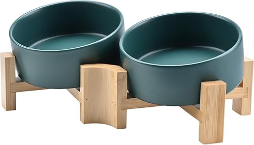 SPUNKYJUNKY Cuenco de cerámica inclinado de 15 para perros y gatos con soporte de madera, cuenco inclinado para comida y agua para bulldog