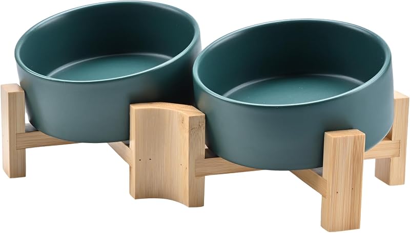 SPUNKYJUNKY 15° Dönthető Kerámia Tál Fa Állvánnyal Kutyáknak Macskáknak 400ml Zöld