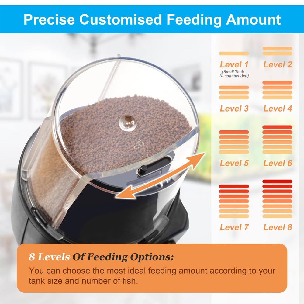 Diagram showing 8 levels of feeding options for the DaToo fish feeder, adjusted by a slider.