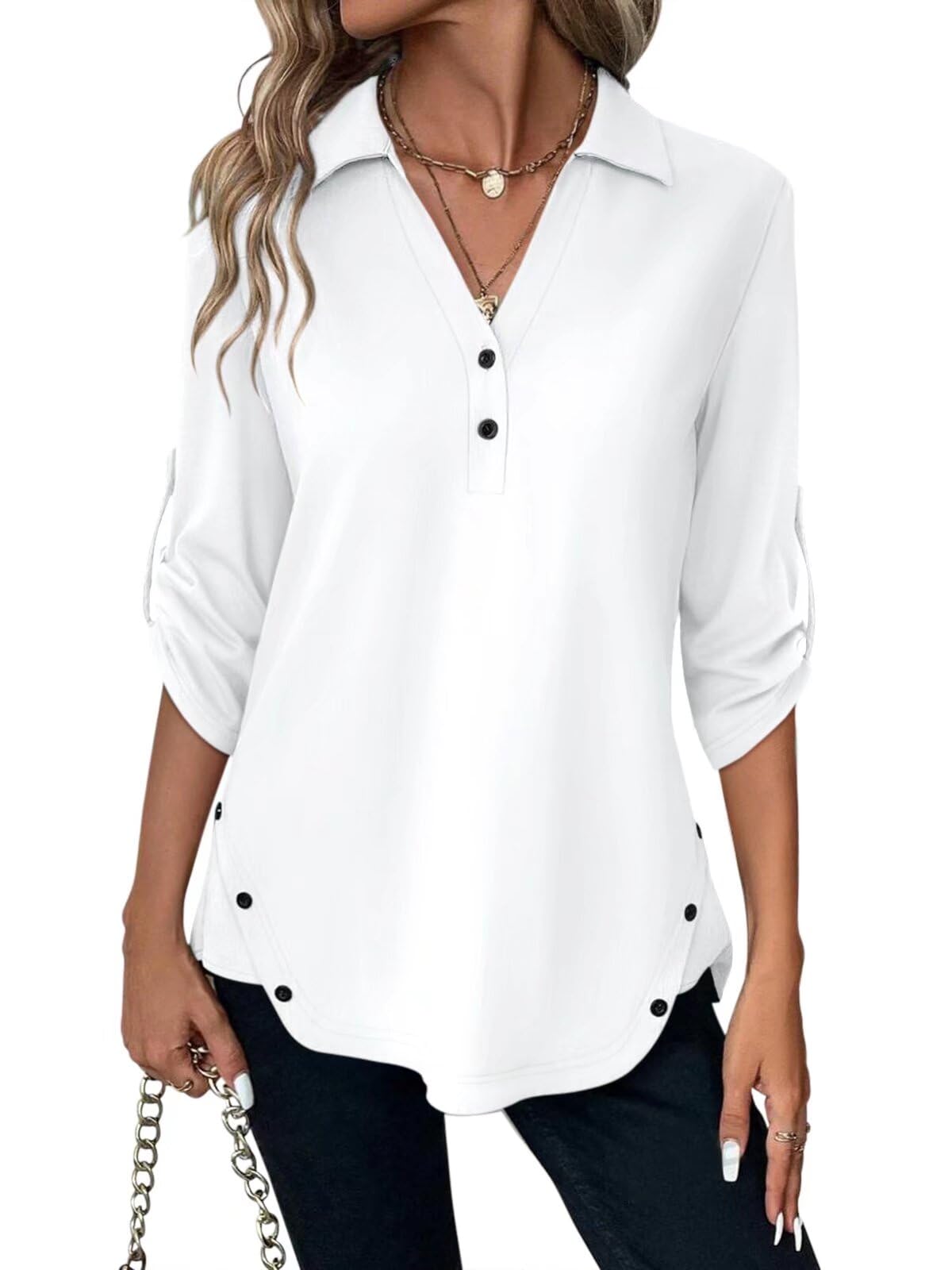 TICTICMISS Women's 3/4 Length Rolled Sleeve Tunic Tops Collared V Neck T Shirts Both Side Buttons Blouses