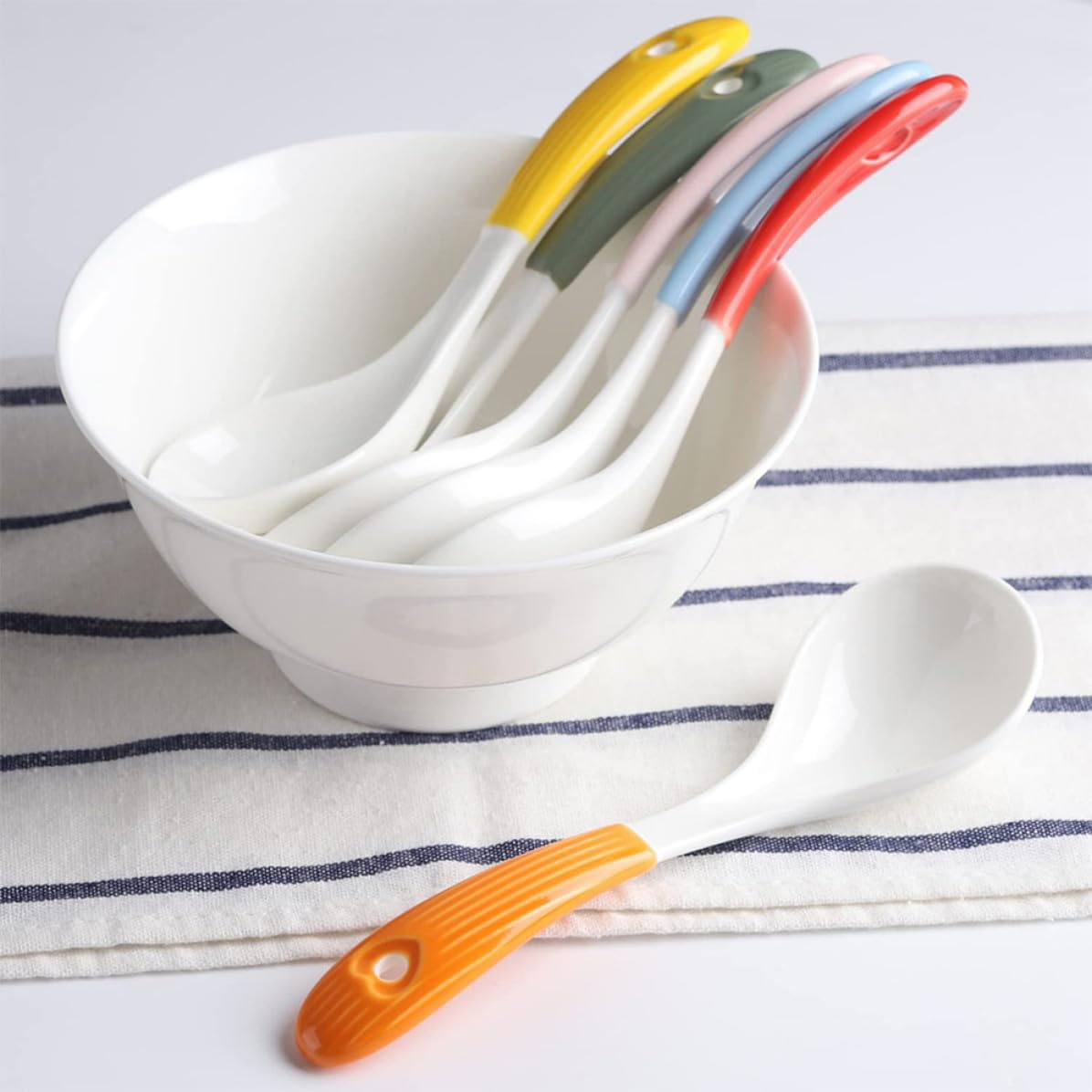 KALLORY Ensemble de 6 Cuillères Chinoises en Céramique pour Soupe Poignée Confortable, Design Polyvalent pour Repas en Famille ou Restaurants