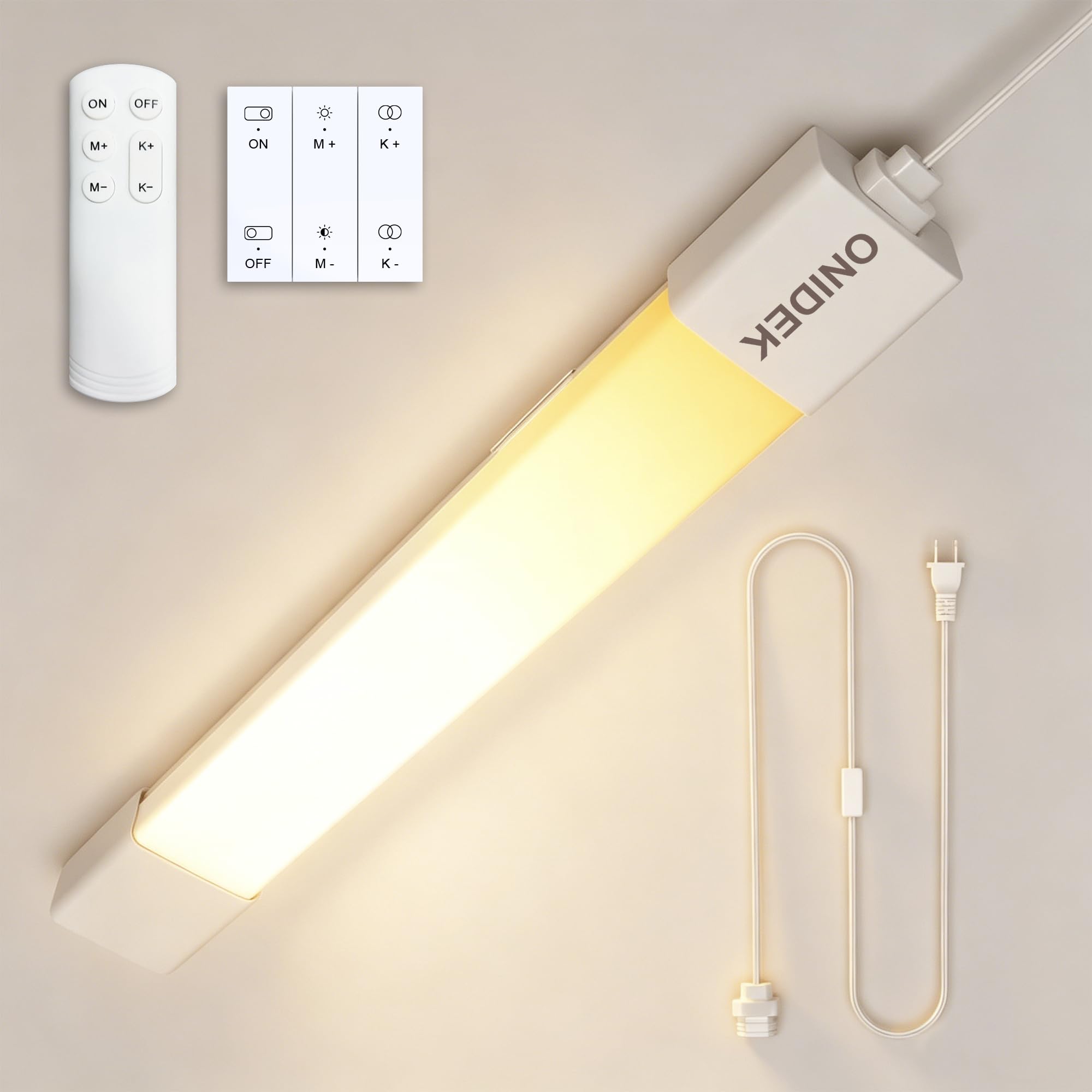 ONIDEK Unterschrank-Lichter mit Steckdose, 2700 K-6500 K, Dimmen und Farbe, mit kabellosem Bedienfeld und Fernbedienung, 25 W, 2500 lm, für Garage, Küche, Bad, Schrank, Büro (36