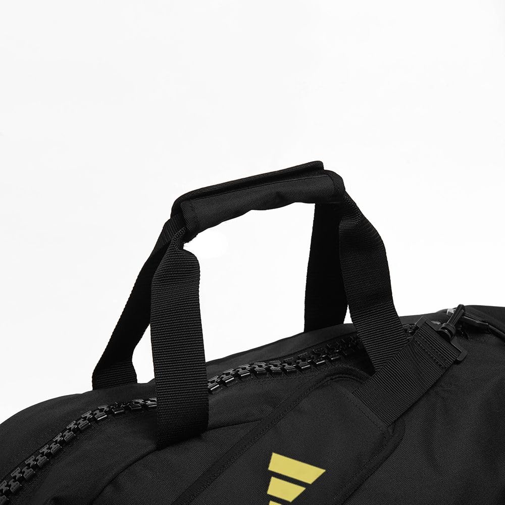 adidas Sac fourre-tout 2 en 1 – Sac de sport noir et doré, se transforme en sac à dos, polyester avec poche latérale zippée et poignées en nylon solides, adapté pour l'entraînement, la salle de sport