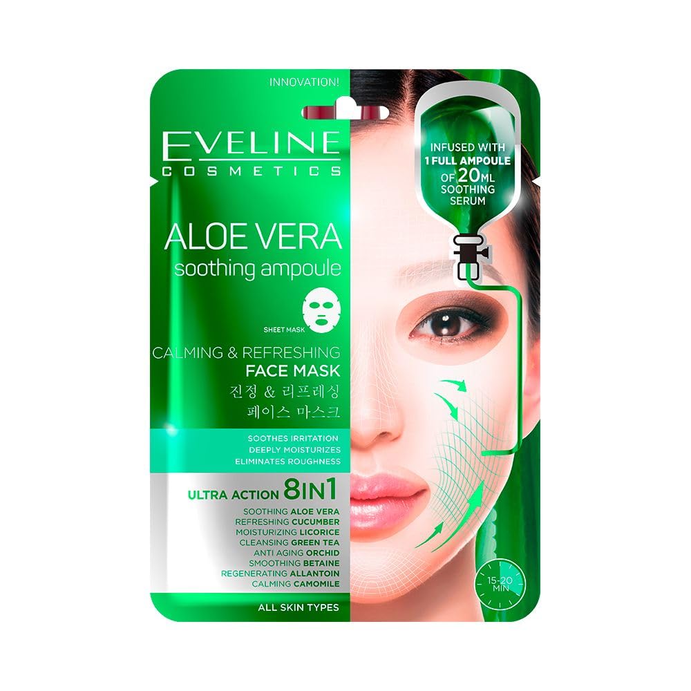 Eveline Cosmetics Maski Płachtowe Soothing and Refreshing Aloe Sheet Mask with Asian NAENG-GAG Formula - Aloe, Cucumber, Green Tea, Chamomile Extracts - Hydrates & Calms Irritated Skin