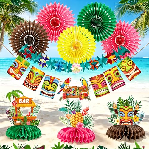 Image of Paper Jazz Hawaiian Party Decoration&Tropical Garland Aloha table decor | 11Pcs Hawaii Table Decor,Tropical Paper Fan & Banner For Tiki /Luau /Beach /Pool /Jungle /Island Summer Parties, Indoor /Outdoor.
