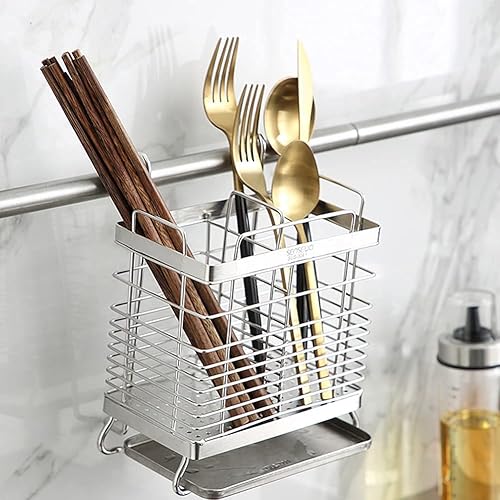 Miniatura 2 de kaileyouxiangongsi Estante de secado de utensilios de malla para colgar de acero inoxidable 304, 2 compartimentos, palillos, cuchara, tenedor,
